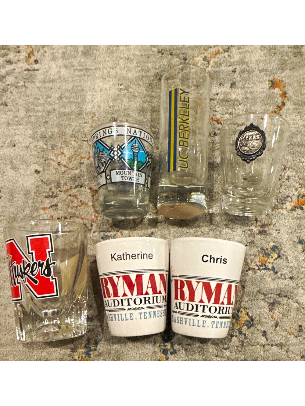 Lot of 6 Souvenir Shot Glasses Printed Decorated UC Berkeley Texas Ryman